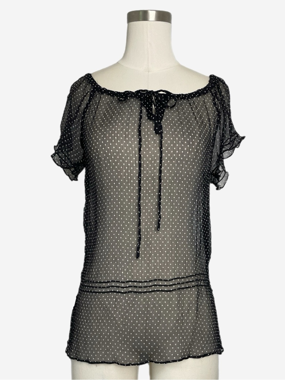 Vintage Y2K Spenser Jeremy Black silk sheer polka dot tie neck pleated blouse S